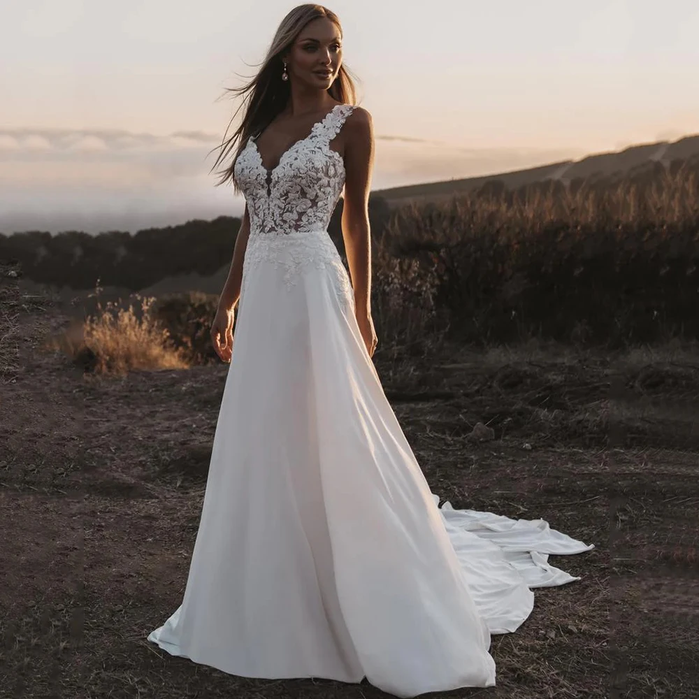 Vestido de novia clásico sin mangas con cuello en V, apliques de tul y gasa, línea A, largo hasta el suelo, espalda abierta con botones, vestidos de novia