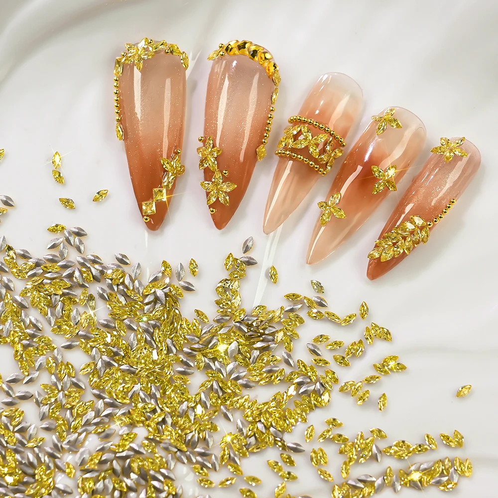 100 pièces 3D carré/oeil de cheval/blé or Nail Art strass 1.5/2/5.5mm fond pointu or ongles diamant scintillant or ongles gemme