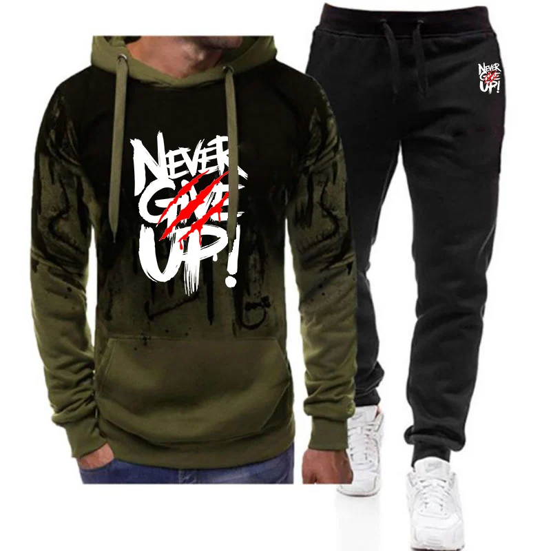 2025 Men's New Spring And Autumn Casual Not Afraid Of Failure Print Pullover Hoodie + Sweatpants Harajuku Gradient Color Suit