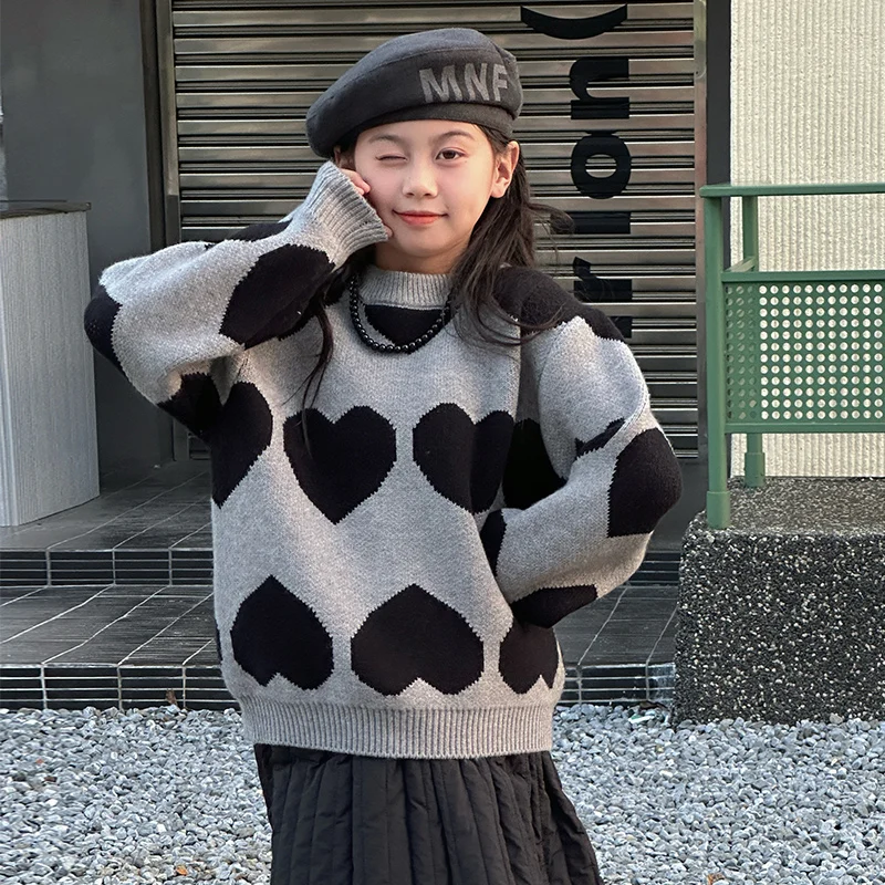 

Осень-зима для девочек-подростков серо-черный жаккардовый свитер Love 4, 6, 8, 10, 12, 14, плотный вязаный топ для детей, детская мягкая трикотажная одежда