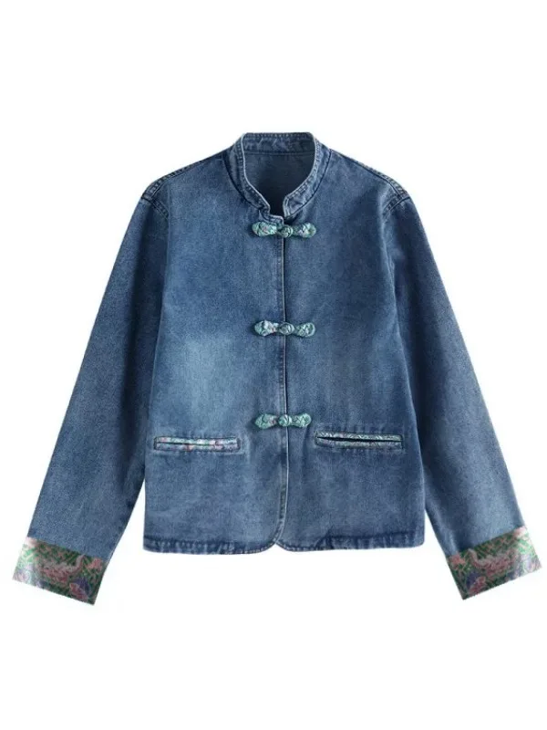 Nouveau chinois Sle rétro Denim Jaet femmes automne Faionable polyvalent irt haut haut de gamme sensation longue fermeture à bouton Sve