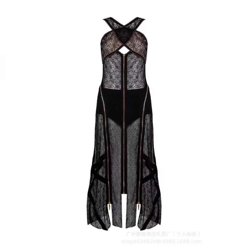 Recién llegado, conjunto de dos piezas ajustado con vendaje decorativo con cremallera larga de encaje negro y encaje dorado con cuello halter cruzado sexy para mujer