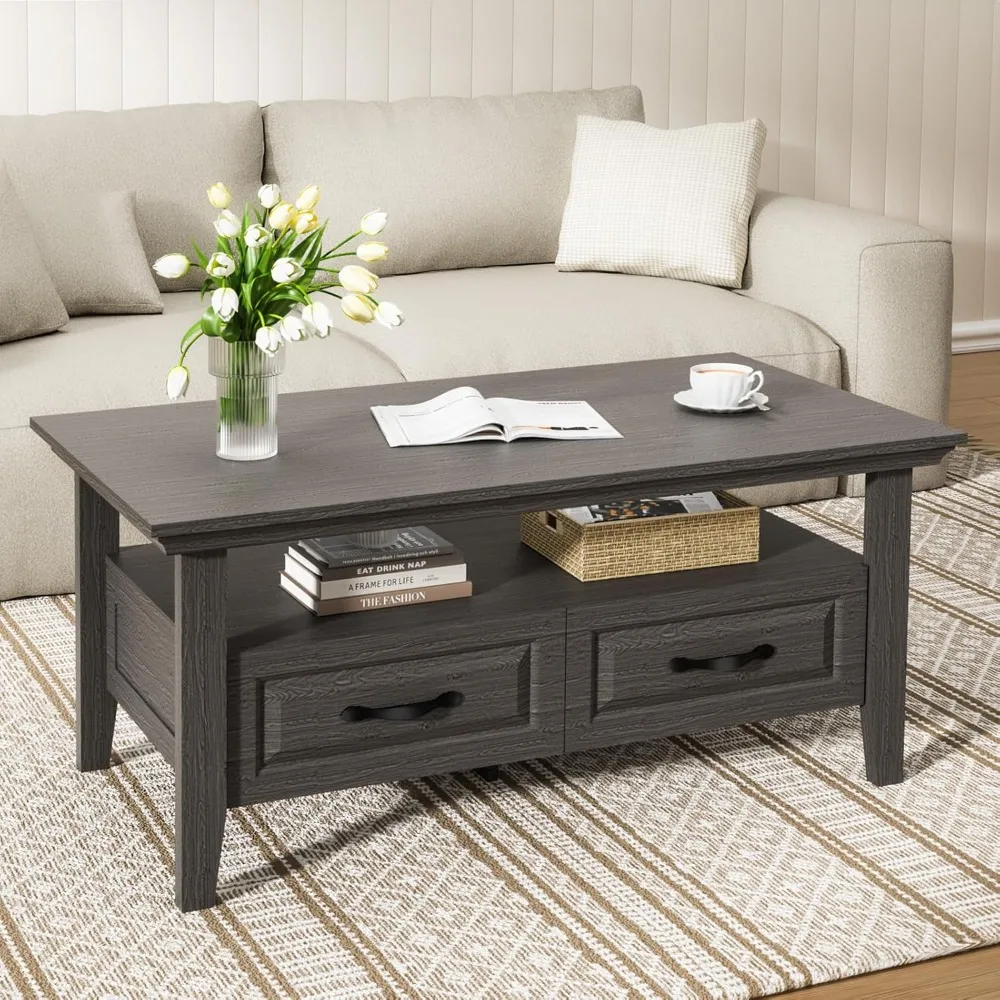 

Amada Coffee Table with Drawers– 39.4" Farmhouse Wood Coffee Table for Living Room, Featuring Open Display Shelf, Hidden Drawers