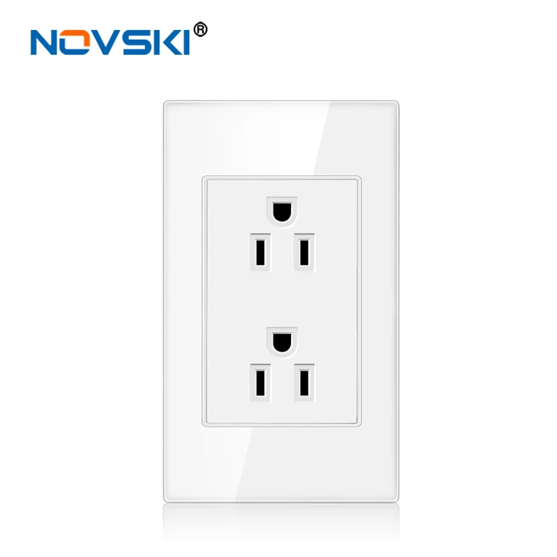 NOVSKI 2.5D Glass White Wall Socket Multi-Function,15 Amp US Standard Socket Duplex Receptacle, 110v-127v-250v Adaptable