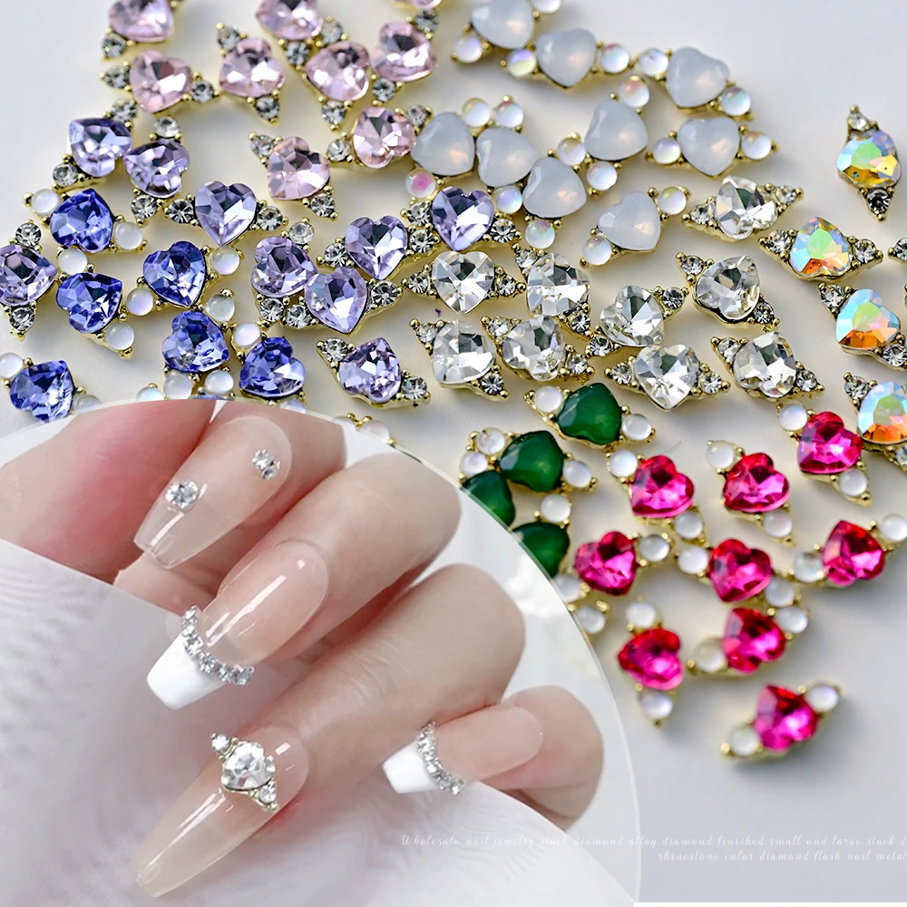 10 Stücke Liebe-Herz Ring 3D Nail art Strass 11x5 cm AB/Klar/Rosa Ring Haufen Diamant Luxus Legierung Gold Herz Maniküre Kristall