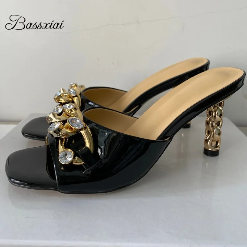 

Rhinestone Chains Decor Sandals Women Luxury Patent Leather Slingbacks Unique Twisted Strange Heel Summer Shoes