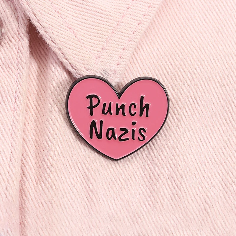 Punch Nazis Enamel Pin Creative Pink Love Heart Metal Brooch Lapel Backpack Badge Jewelry Decoration Gift For Friends