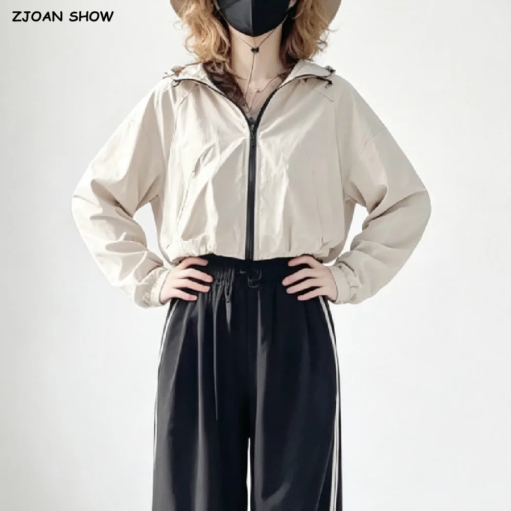 Autumn Women Front Zip Up Hooded Jackets Long Sleeve Windbreak Coat Elastic Hem Short Loose Charge Outdoors Sports Outerwear