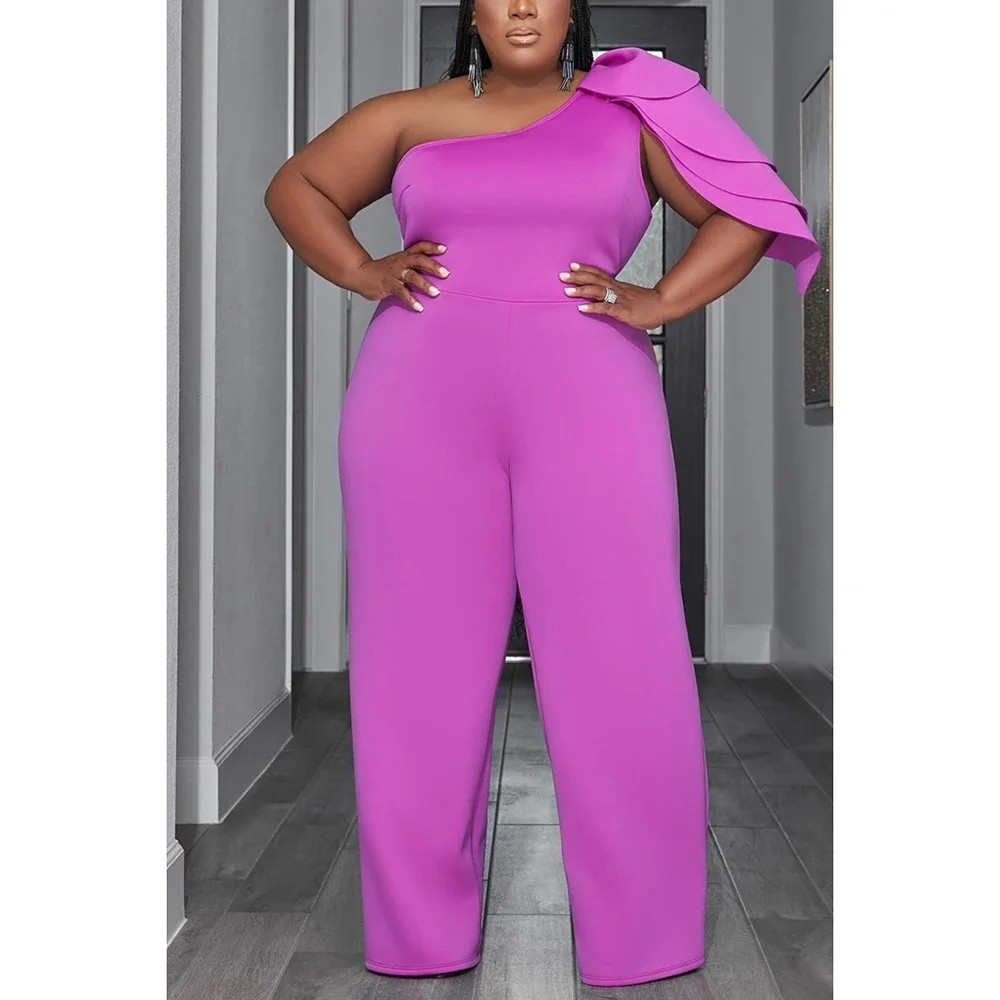 Plus Size Business Casual Jumpsuits Purple Festival One-Shoulder Layers One-Piece Female Satin Clothing