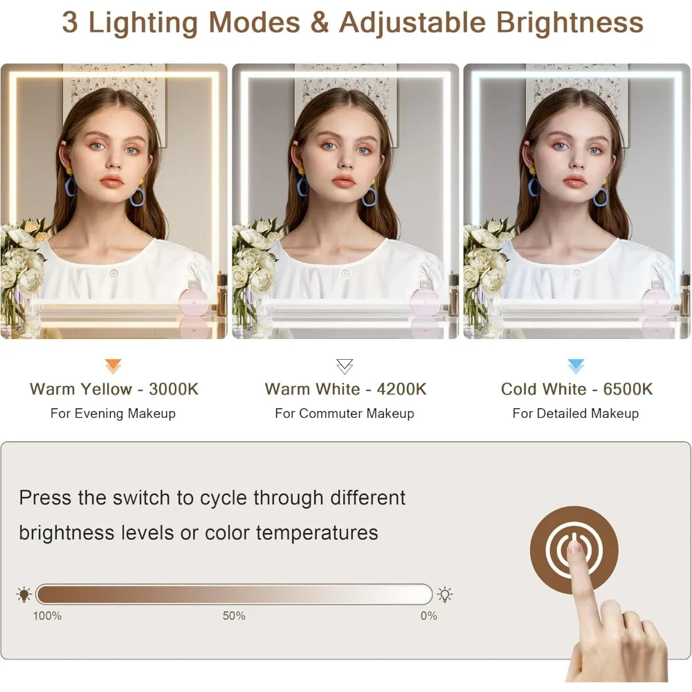 مكتب زينة مكياج مضيء مع سطح زجاجي كبير وتخزين كافية