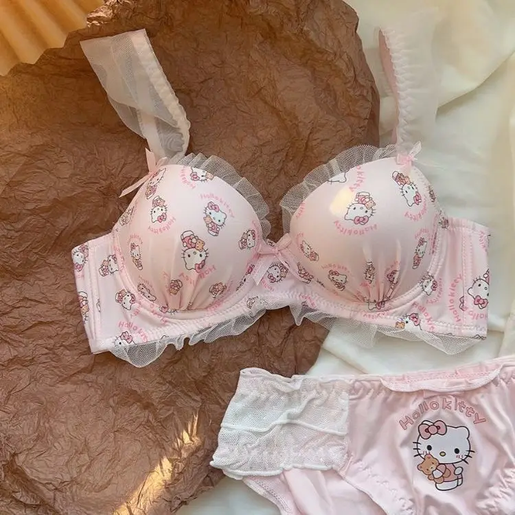 Hello Kitty Cute Japanese Girl Undergarments Unrimmed Bow Tie Small Breast Gathering Bra Set Female's Bra Breathable Gathered