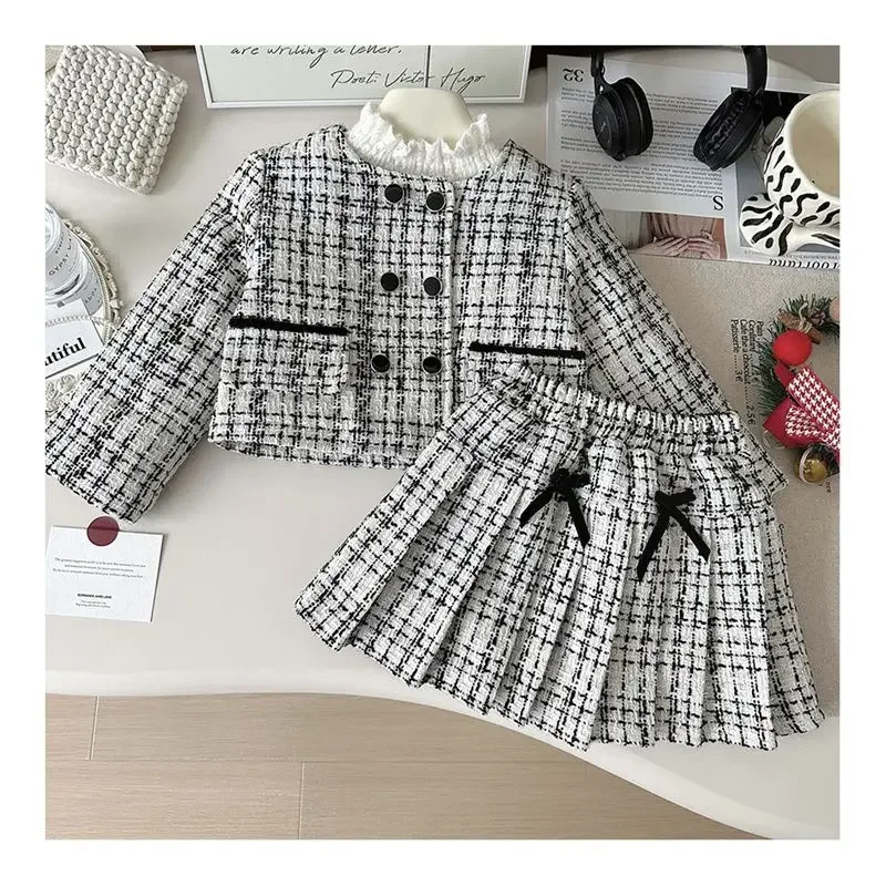 2024 Elegant Girls Baby Autumn Winter Plaid 2pcs Clothing Set Thick Warm Coats+Skirts,Kids Children Birthday Clothes Outfits