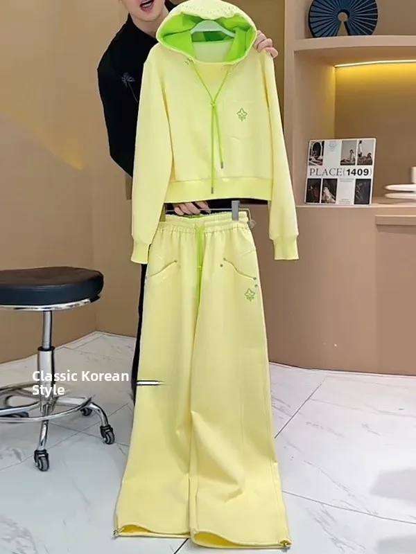 

Salt Series Casual Sportswear Set Women's Yellow Hoodie Wide Leg Pants Two Piece Suite Anti Aging Slimming Autumn Fashion