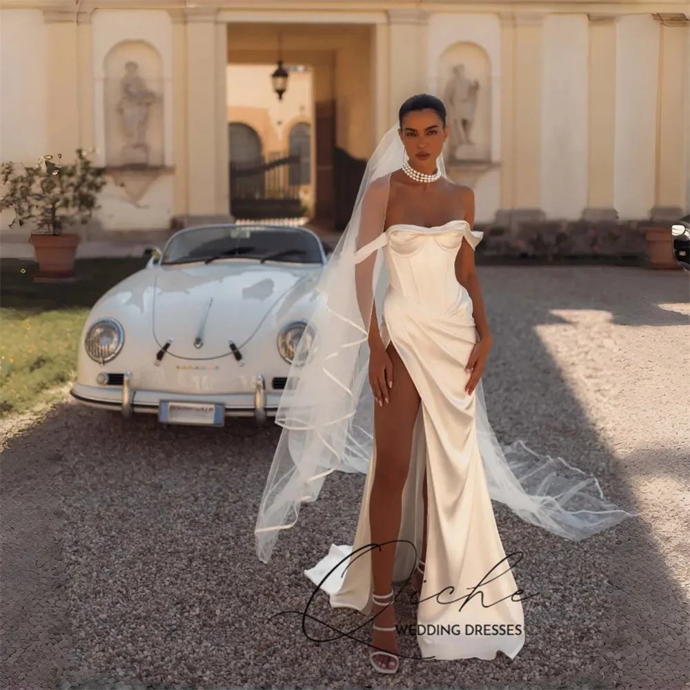

QICHE Modern Satin Mermaid Wedding Dress 2026 Off The Shoulder Open Back High Slit Bridal Party Gown Vestido De Noiva Customized