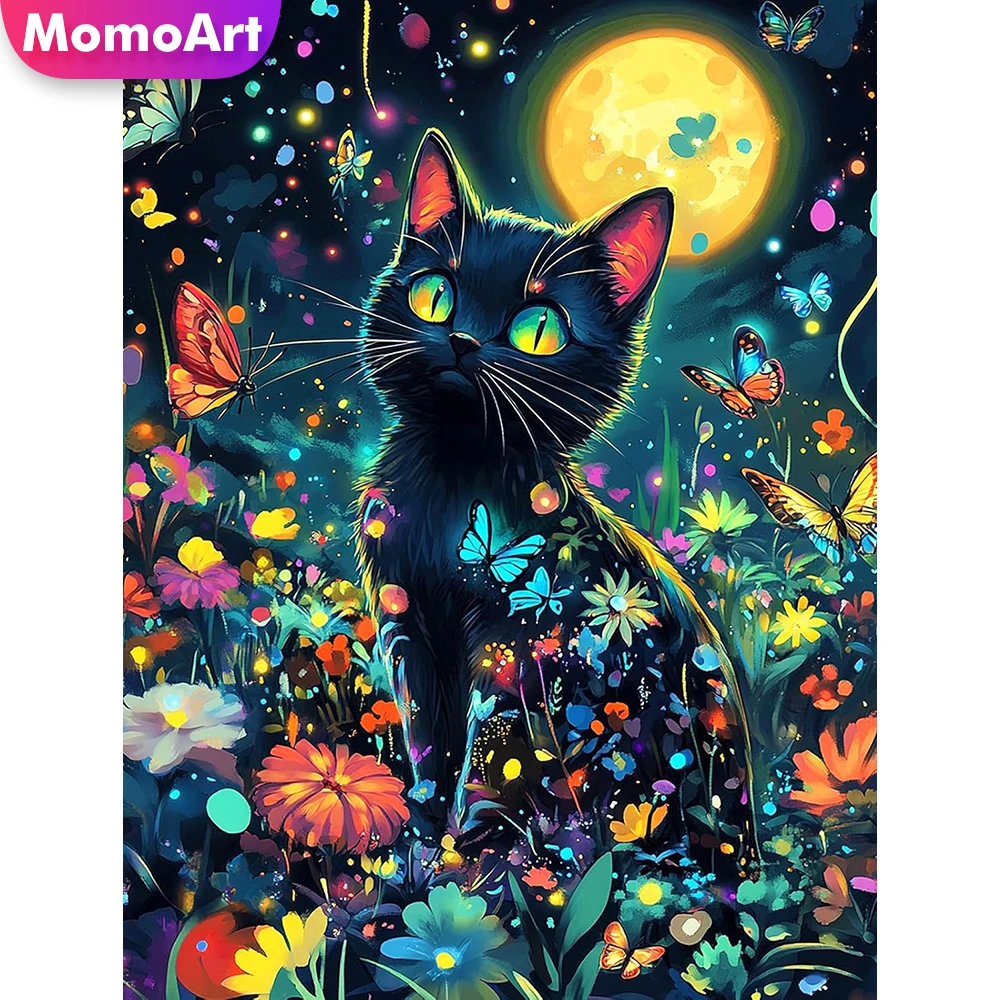 Momoart 5D-Diamant-Stickerei zum Selbermachen, schwarze Katze, Tiermalerei, Blume, geeignet für Anfänger, Diamant-Mosaik-Bastelset, einzigartiges Geschenk