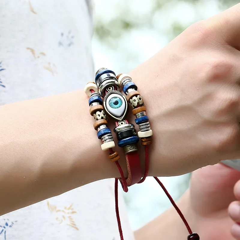 Boho Gypsy Hippie Design Leather Rope Eye Bracelet Brown Multi-layer Cow Leather Woven Beaded Bracelet Unisex Adjustable Jewelry