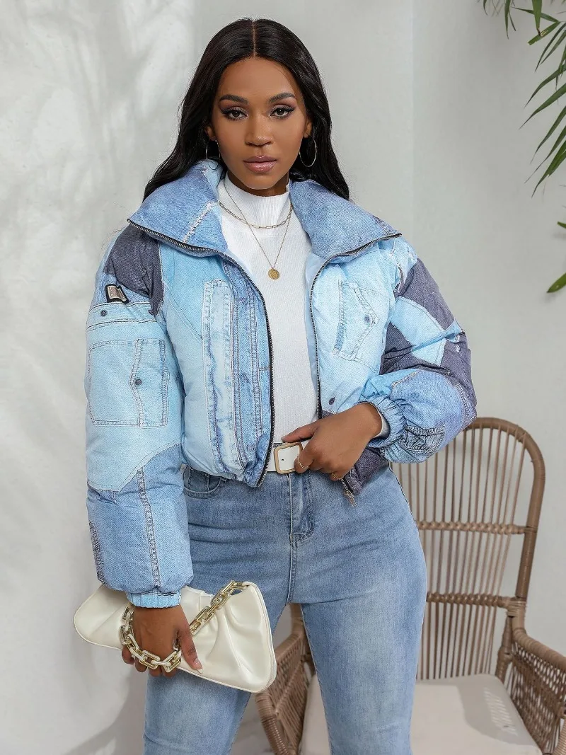 Jeans Printed Women Parkas 2023 Winter Fashion Stand Collar Long Sleeve Zipper Short Cotton Padded Jackets Tops Casual Coats