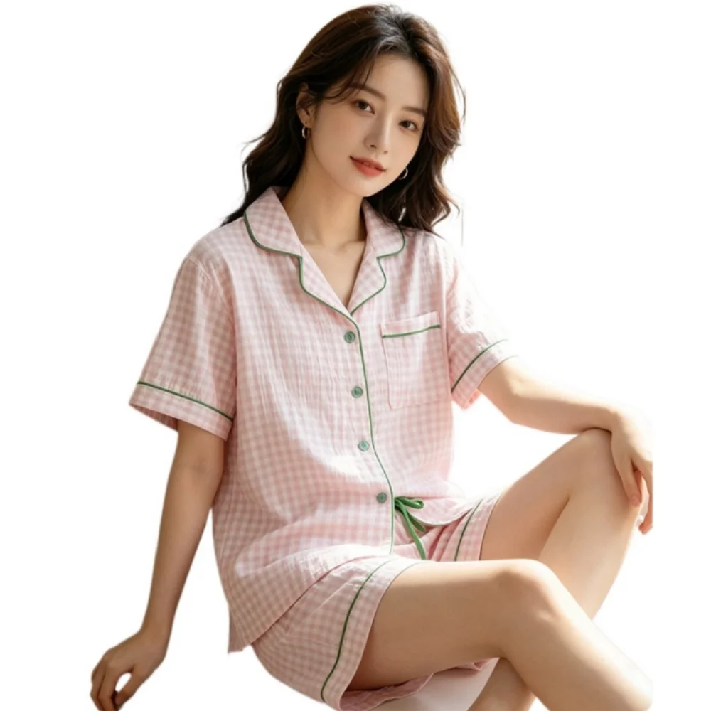 

Plaid Print Women's Pajamas Short Sleeve Sleepwear Cotton Night Wear For Ladies Summer New 2 Pieces Home Wear Pyjama Set Woman