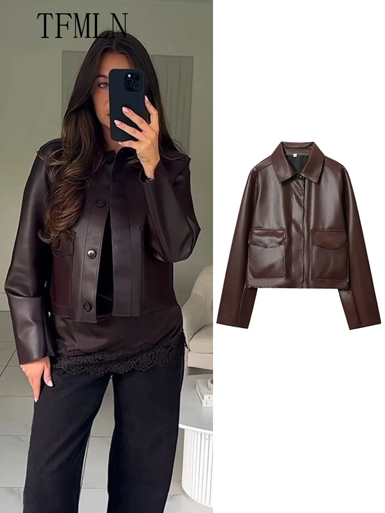 

TFMLN Fashion Women Faux Leather Cropped Jackets Lapel High Street Outwear Chic Single Breasted Pockets Solid Coats 2025 Autumn