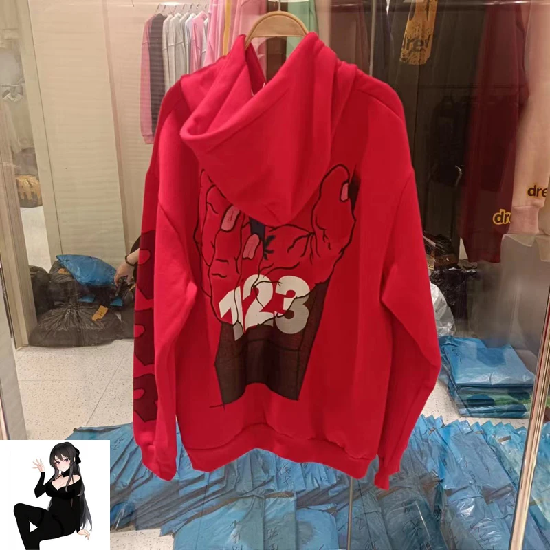 Red RRR123 Hoodie Invisible Hand Print Sweatshirts Men Women High Quality High Street Fleece Winter Hooded Pullover