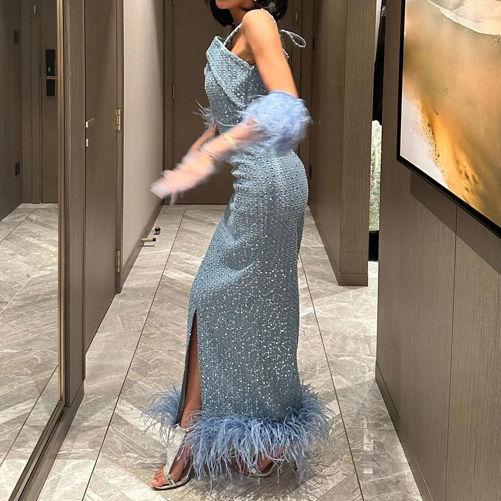 Customized Fashion Sequined Straight Spaghetti Straps Feathers Detachable Sleeve Evening Dress Halter Bespoke Occasion Gowns