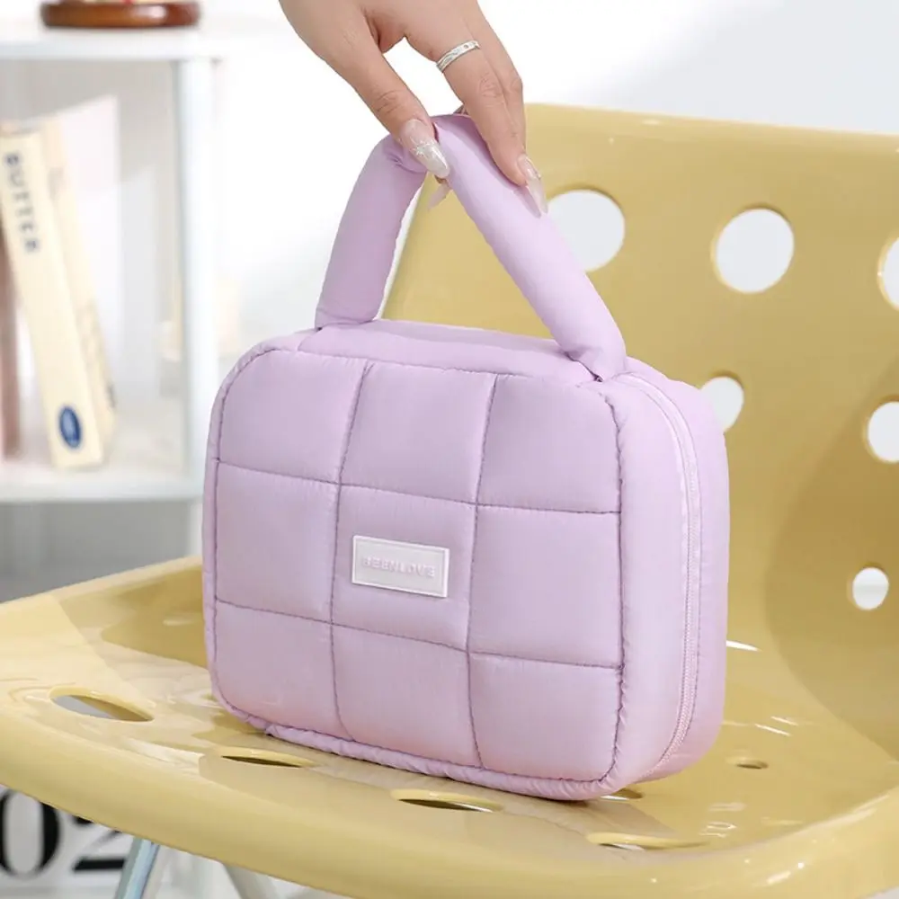 

Portable Solid Color Puffy Makeup Bag Large Capacity Zipper Travel Quilted Toiletry Bag Handbag Nylon Cosmetic Storage Bag