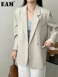 [EAM] Women Khaki Back Button Big Size Casual Blazer New Lapel Long Sleeve Jacket Fashion Tide Spring Autumn 2024 1DH4740