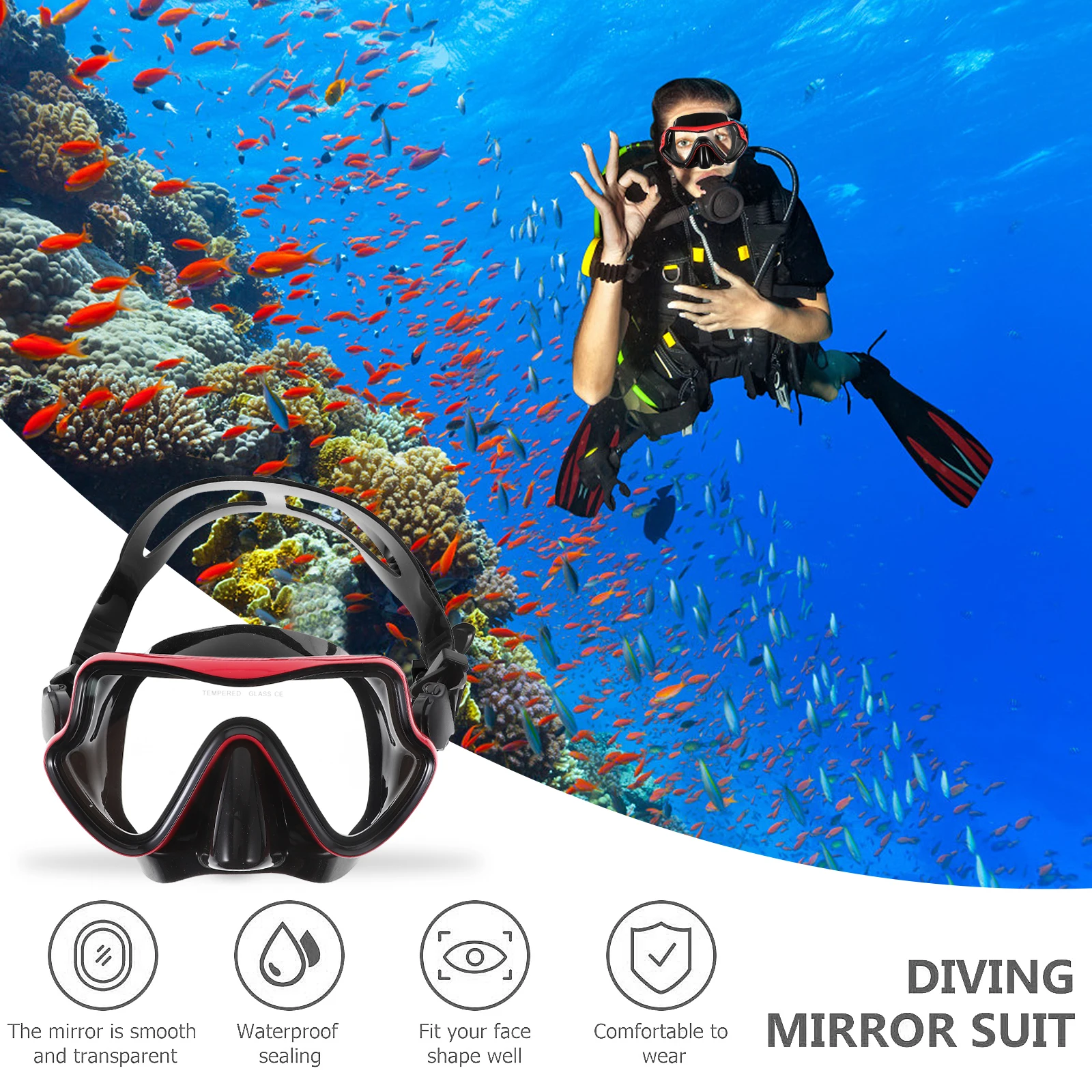 

1 Set Big Frame Silicone Mask Snorkeling Diving Lightweight Portable Vision Watertight Seal Mouthpiece Reduce Jaw