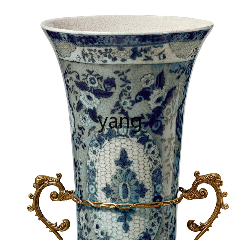 Yjq Blue and White Porcelain Vase in Chinese Antique Style Flower Ware Living Room Big Decorations Handmade Decorations