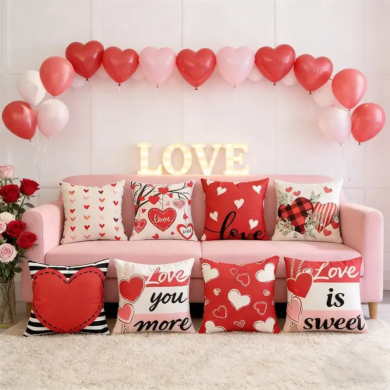Amazon cross-border Valentine's Day linen pillow cover home decoration heart-shaped red letter sofa living room pillowcase