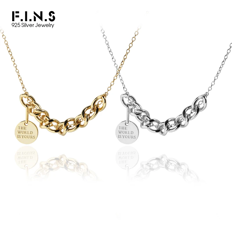 

F.I.N.S Authentic S925 Sterling Silver Necklace Small Round Tag Thick Chain Pendant Necklace Punk Clavicle Chain Fine Jewelry