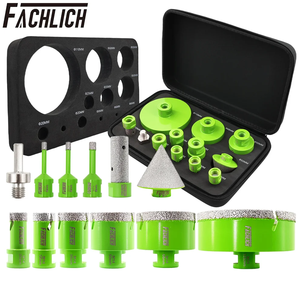 FACHLICH Jeu d'outils pour carrelage : 12 forets à noyau de 6-110 mm, ouvre-trou, fraise à chanfreiner de 50 mm, fraise de fraisage de 20 mm et adaptateur hexagonal