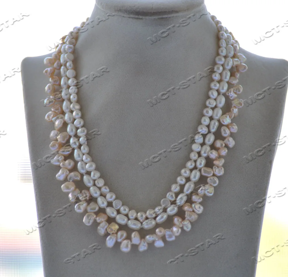 

Z12272 3Row 18" White Pink Baroque Rice Lamina Keshi Pearl Necklace