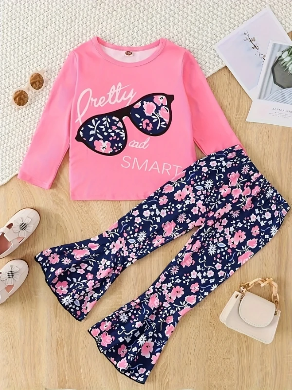 

Spring Autumn Baby Girl's Collared Long Sleeve Top with Letter Print And Random Flower Long Pants Casual Two-Piece Set