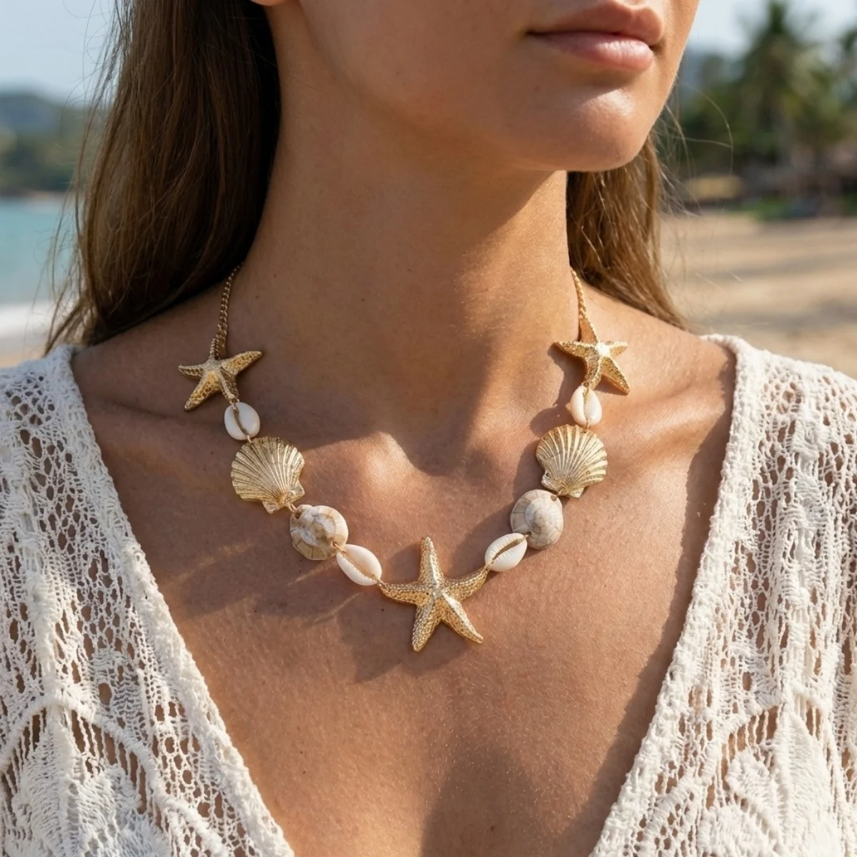 Böhmische Halskette aus Harz und Metall mit Seestern-, Muschel- und Schneckenmotiven für Damen und Herren, Sommerurlaub, Seestern-Choker, Ozean- und Strand-Schmuck – Detail 4
