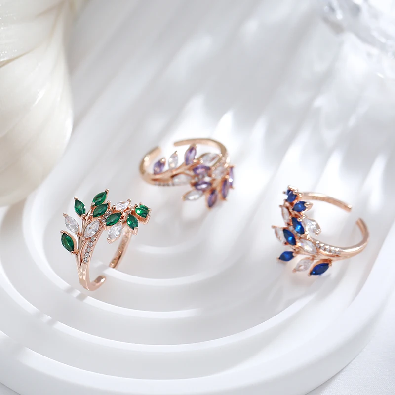 Kinel Luxury Full Paved Blue Purple Green Natural Zircon Open Rings for Women 585 Rose Gold Color Hollow Flower Vintage Jewelry