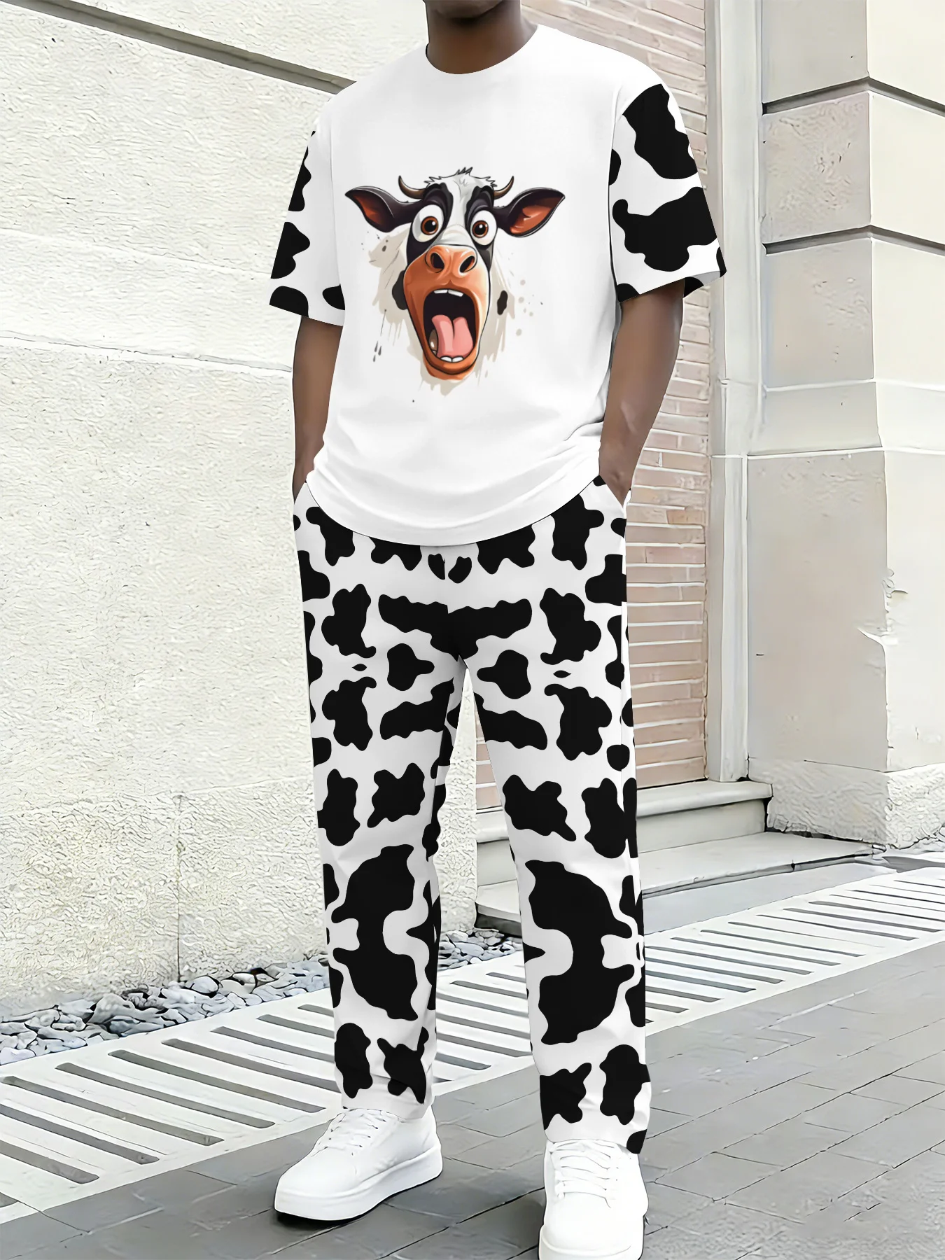 

2026 New Teen American Fun Cartoon Men's Two Piece Set Large Area Cow Spot 3D Printed Breathable Short Sleeve Casual Home Pants