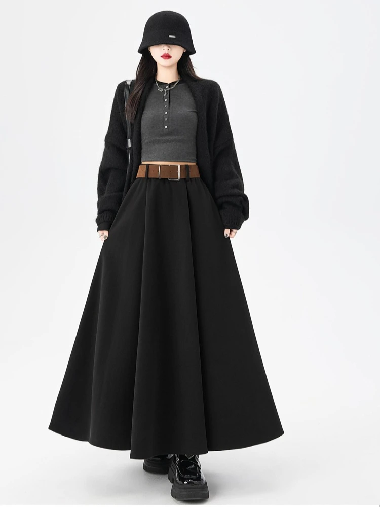 تنورة طويلة سميكة عالية الجودة للنساء لخريف وشتاء 2025 تنورة عالية الخصر مع حزام عتيق أنيق بقصة ضيقة ملابس الشارع Faldas جديد