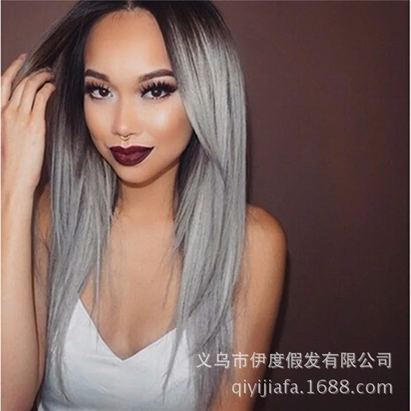 

Wig black gradual change silver gray medium straight hair high temperature silk chemical fiber hair