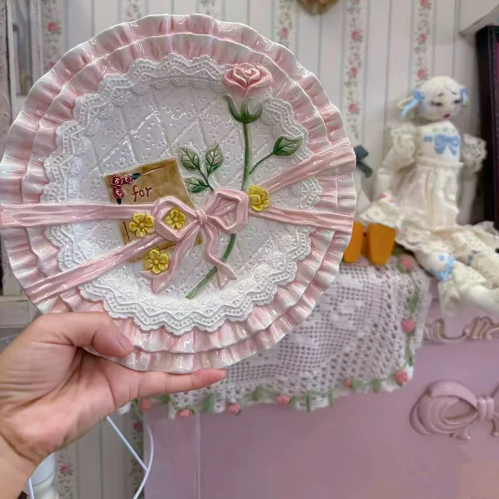 For Hand painted underglazed rose ribbon gift ceramic plate dessert plate home accessories