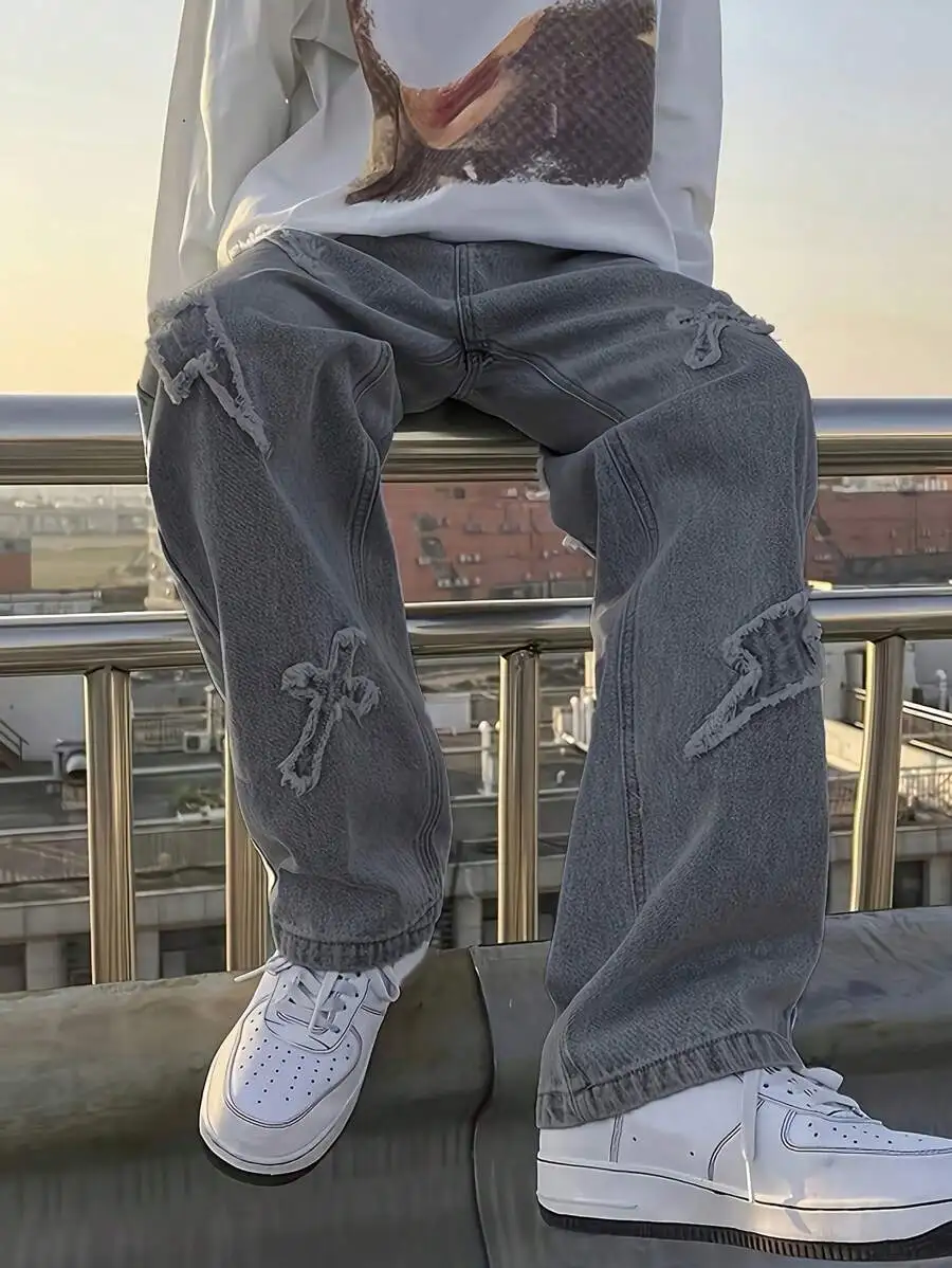 

Mens Distressed Lightning And Cross Embroidered Light Blue Denim Jeans Emo Style
