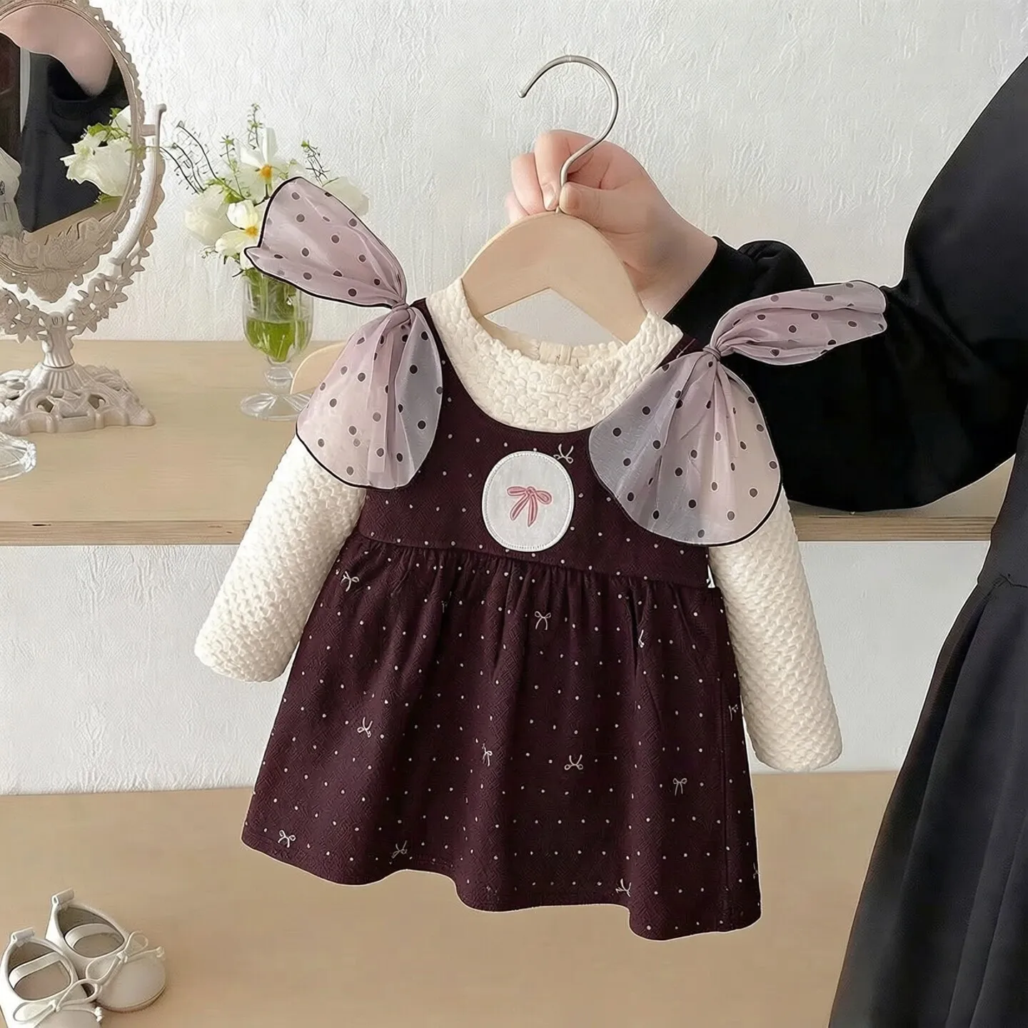 Kids Polka Dot Fake Two Piece Dress Girls Mesh Bow Long Sleeve Fall Girls Stylish Suspenders Princess Dress