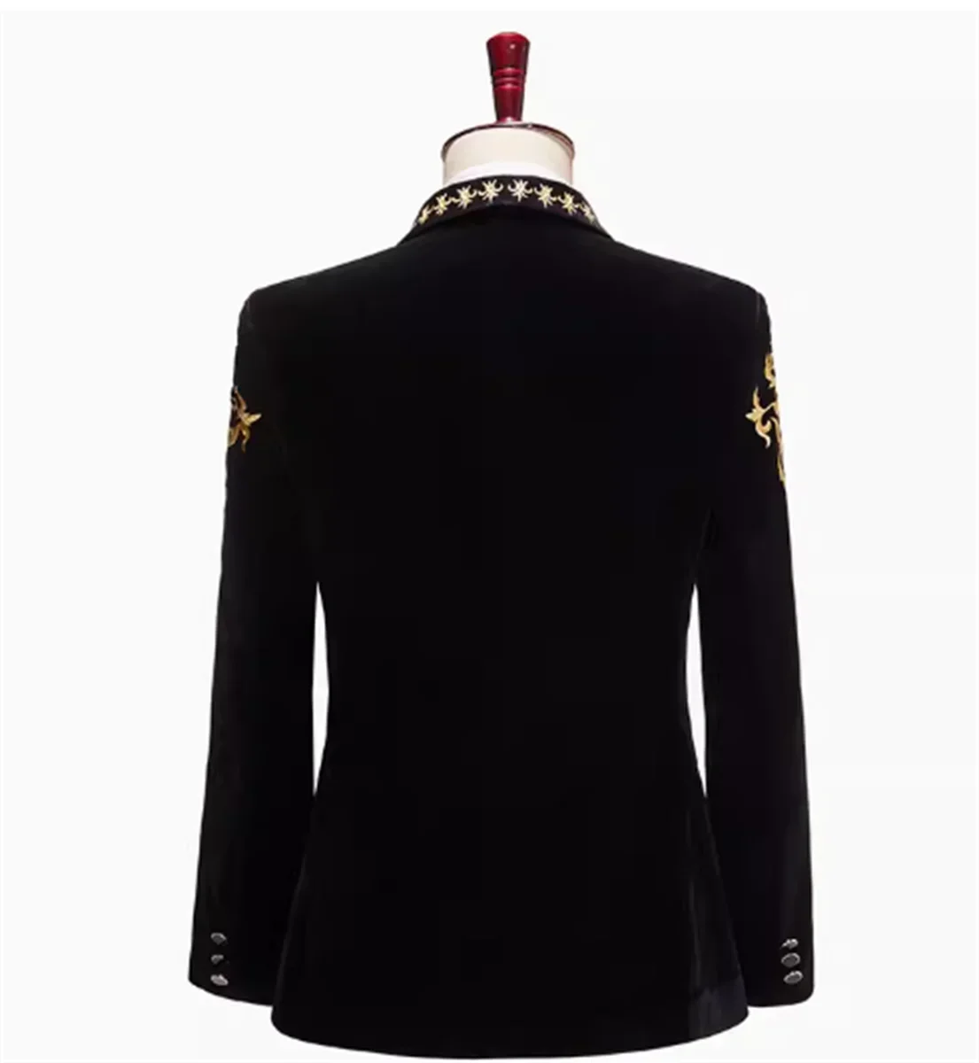 Men's flat velvet computer embroidered border with green fruit collar, black velvet suit, stage host and anchor top