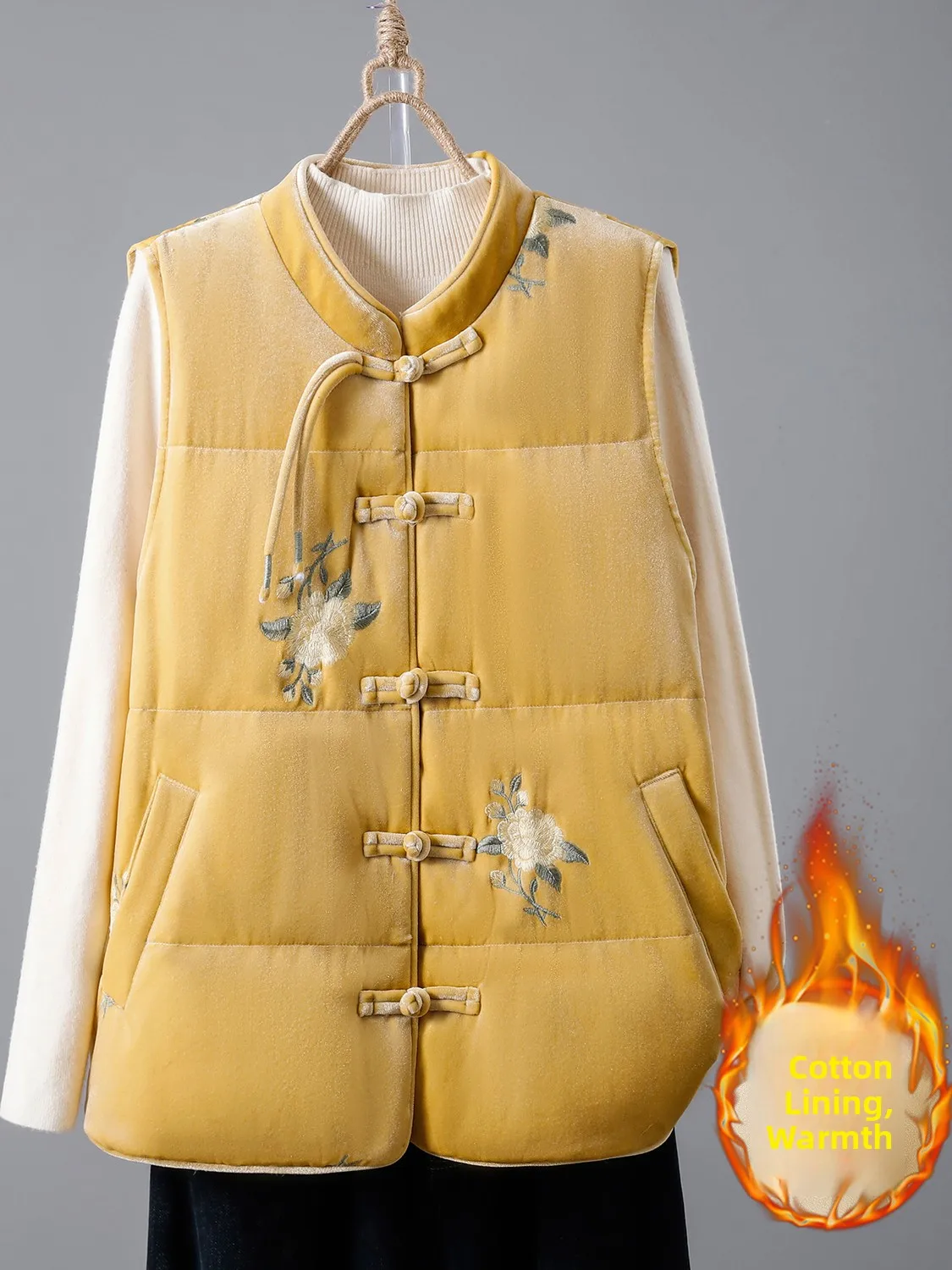 

Embroidered Velvet Jaet Women's Thiened Cotton Lined Button up Stand Collar Svel Traditional Chinese Sle Top