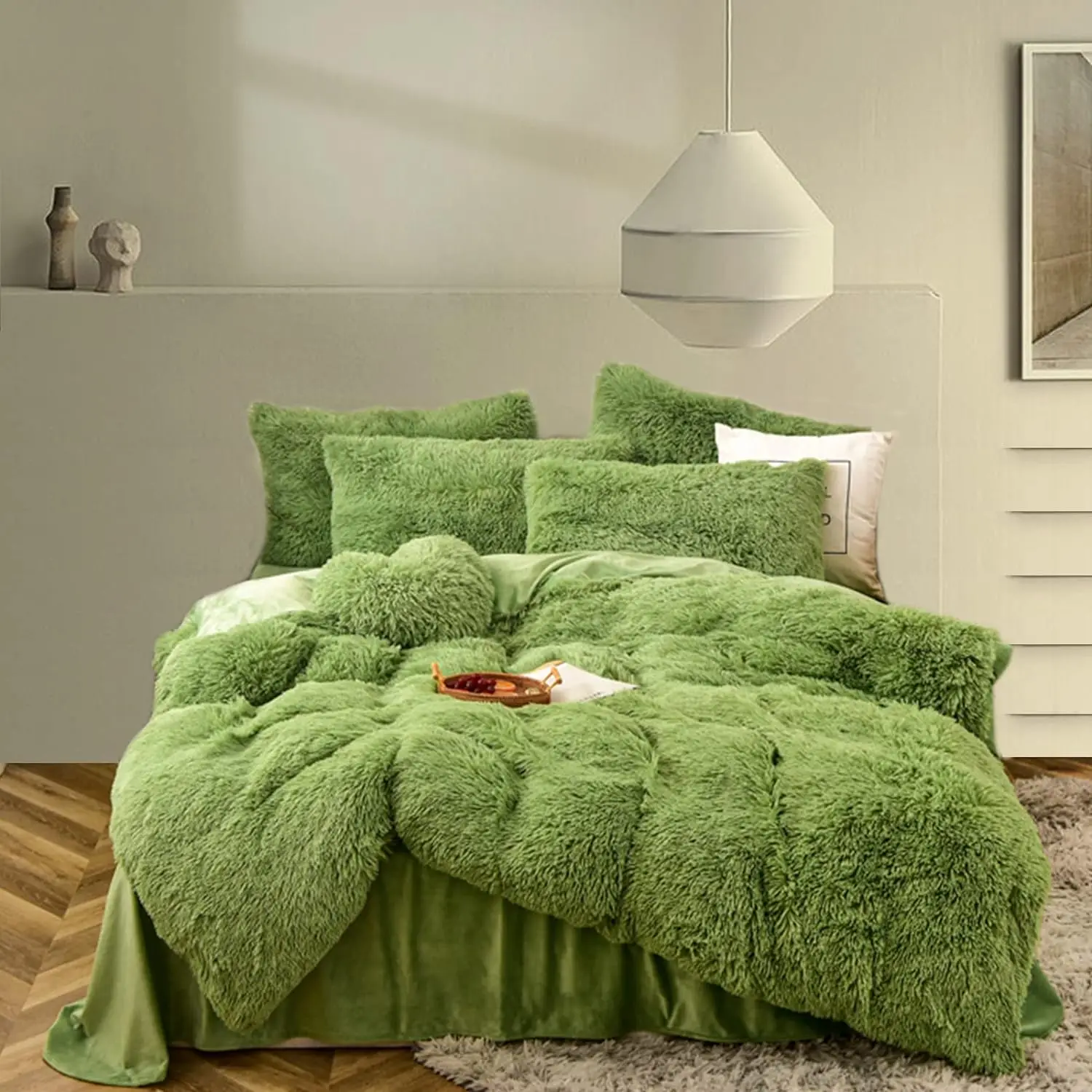 

Fluffy Comforter Duvet Cover Set, 5 Pcs Bedding Sets Faux Fur Plush Velvet Shaggy Ultra Soft Luxury for Full Queen Size Green