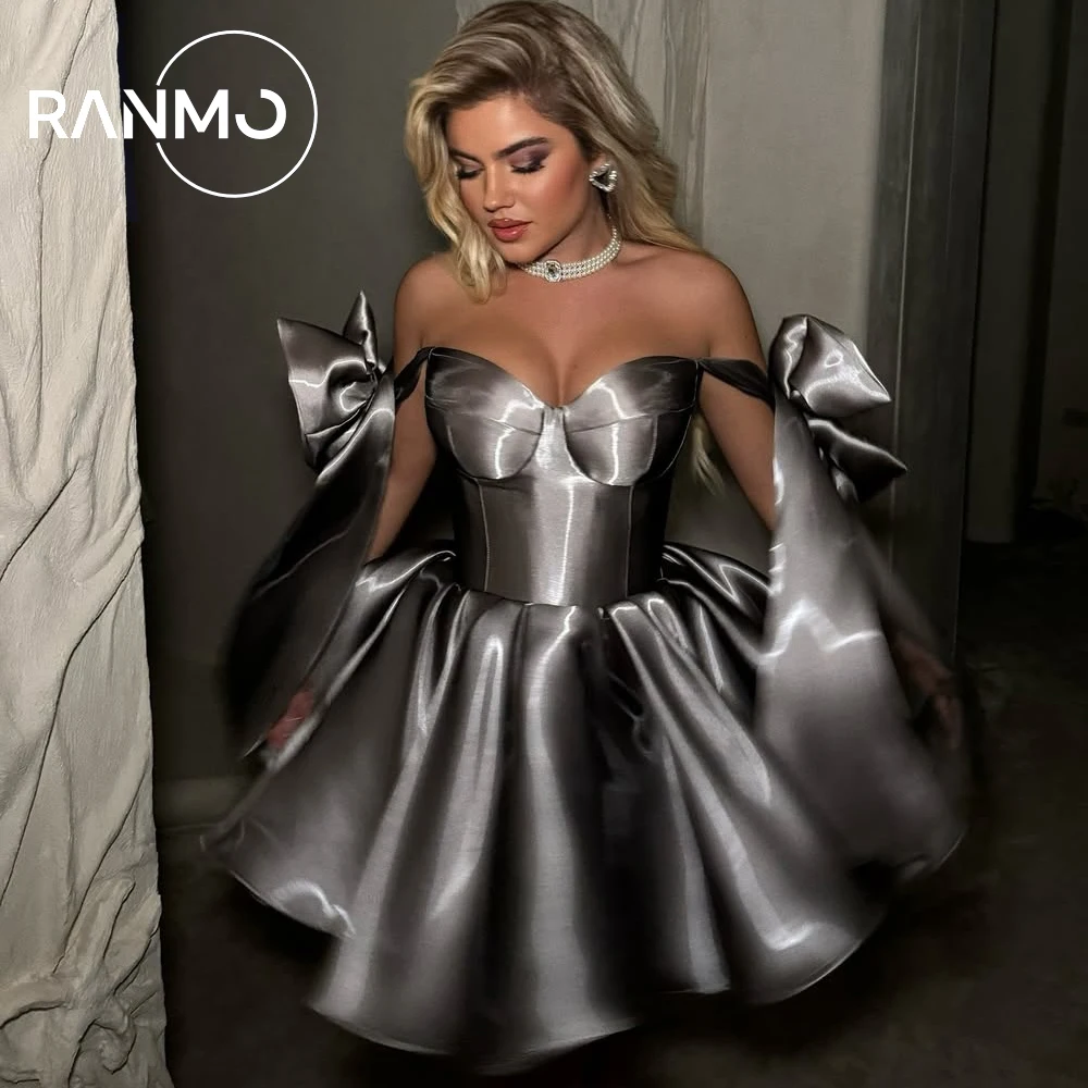 

Ranmo 2026 New Modern Short Cocktail Dress Off Shoulder Sparkling yarn Evening Vestido Elegant Bow Short Pleat 2026 Customized