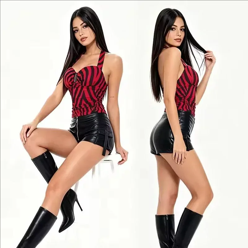 Movie Obsession Nikki Punk Street Style Cosplay Outfit Zebra Halter Top And Faux Leather Cargo Shorts Complete Suit
