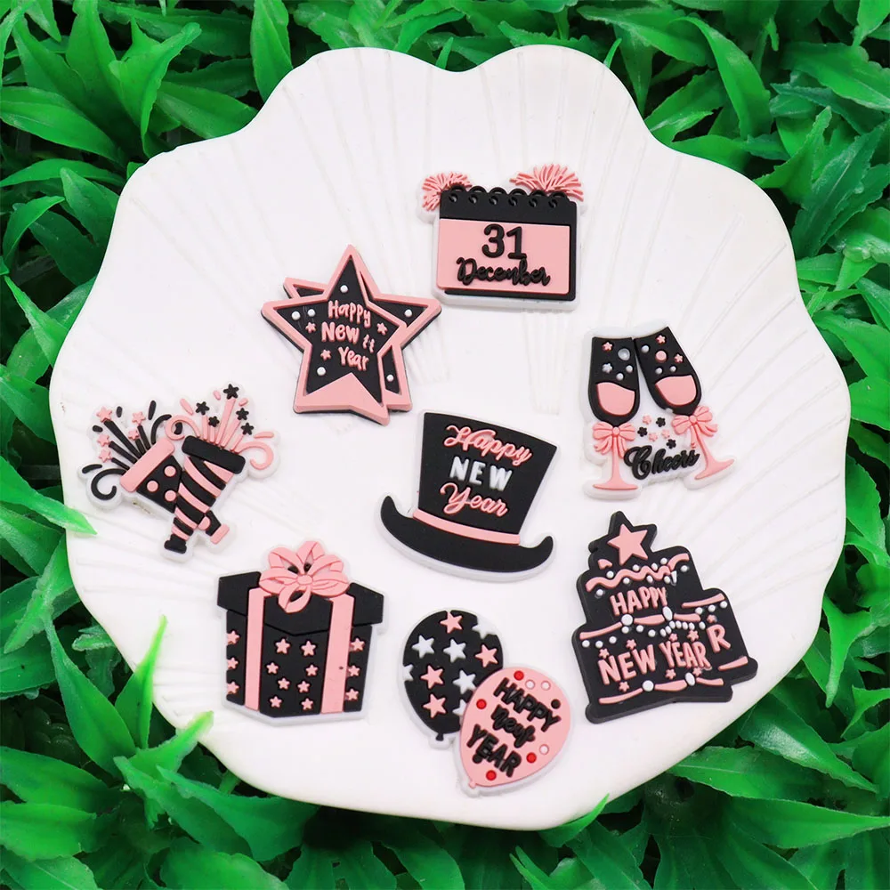 1pcs PVC Happy New Year Cake Gifts Balloons Stars Garden Shoes Button Decorations Charms Hole Slipper Ornaments for Bands