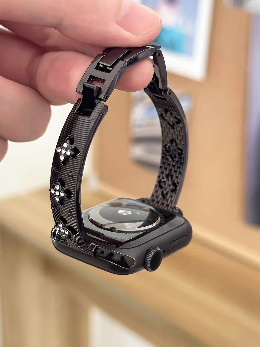 Металлический браслет с четырьмя листьями цветка и бриллиантами для Apple Watch Band SE 10S 42/46 мм Тонкий женский ремешок из цинкового сплава для Iwatch 49 Ultra 9 8 7