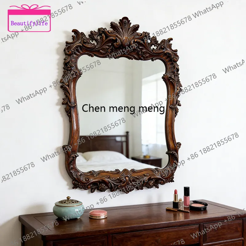 a17 American carved bathroom mirror retro new Chinese vanity mirror wall mounted home makeup mirror living room wall